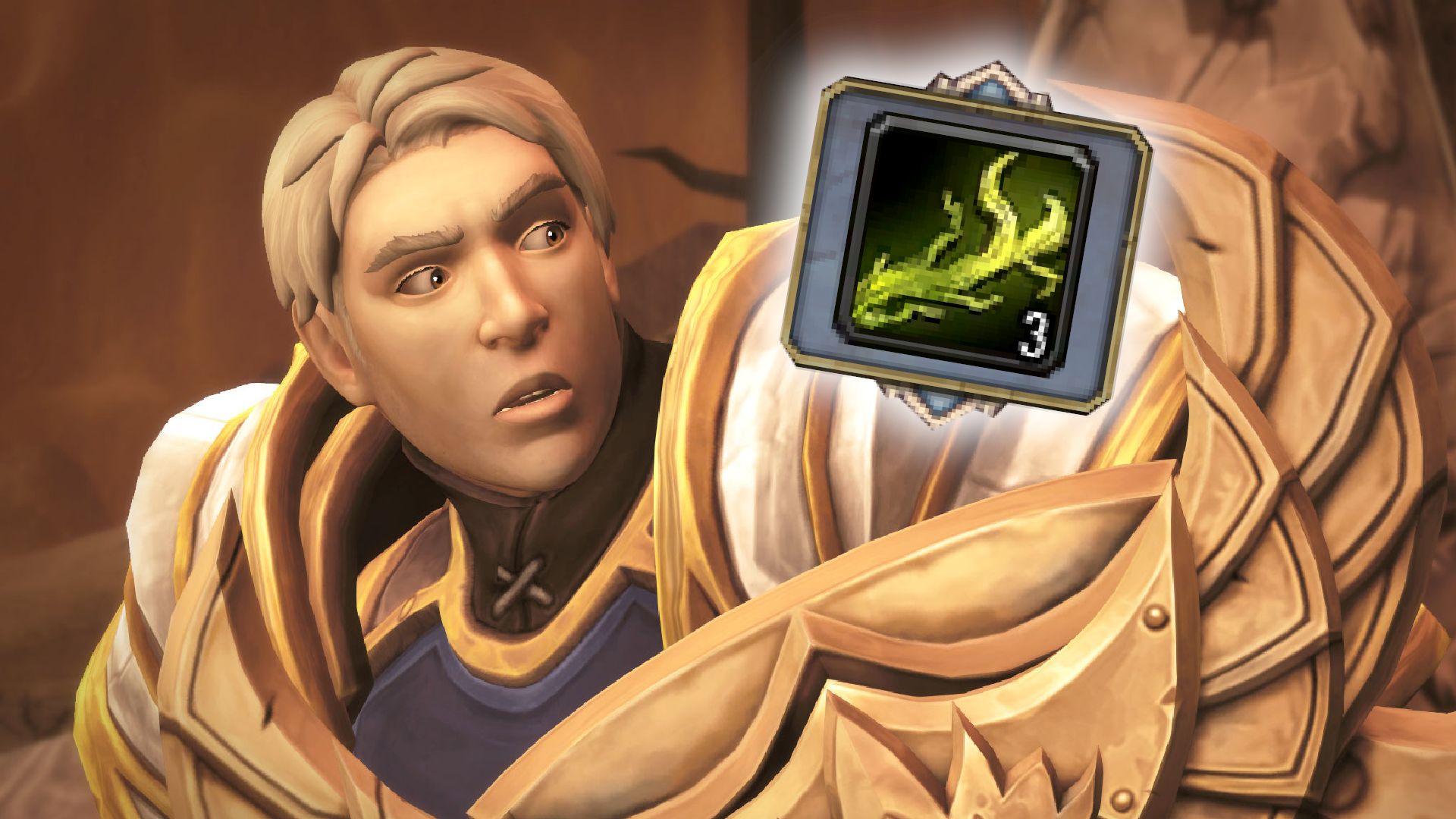 A paladin in World of Warcraft looks surprised at the icon for Lighthook Grapple, which has been edited onto the image.