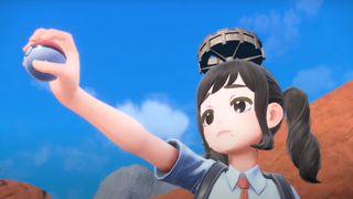 Pokémon Scarlet and Violet, trainer posing dramatically against a blue sky
