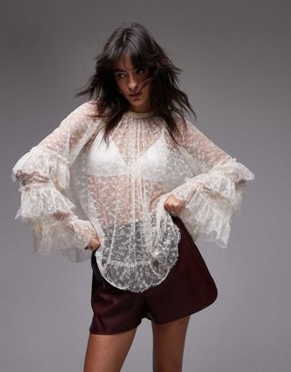 Topshop All Over Lace Top in Ivory