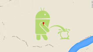 Android logo peeing on Apple logo