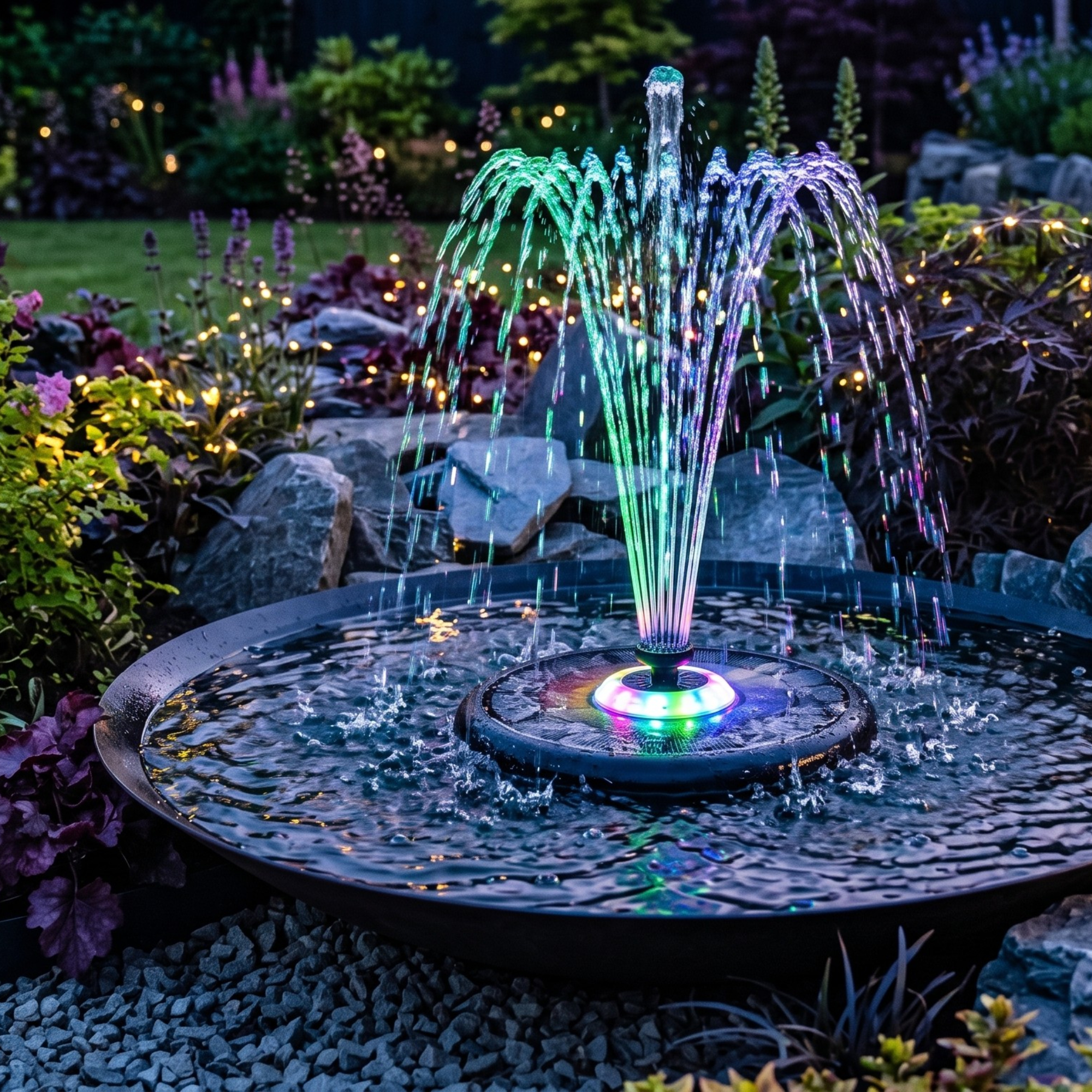 DIY water feature made with a container and an LED floating solar fountain in the garden
