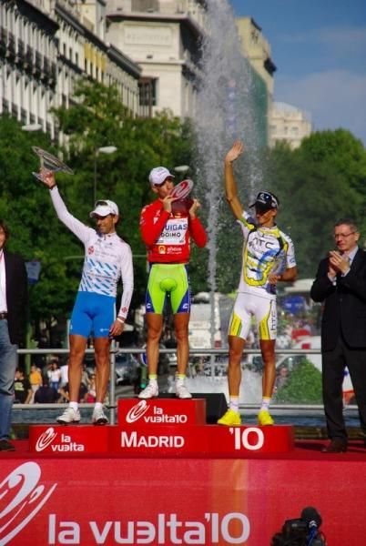 The 2010 Vuelta podium: Mosquera, Nibali, Velits