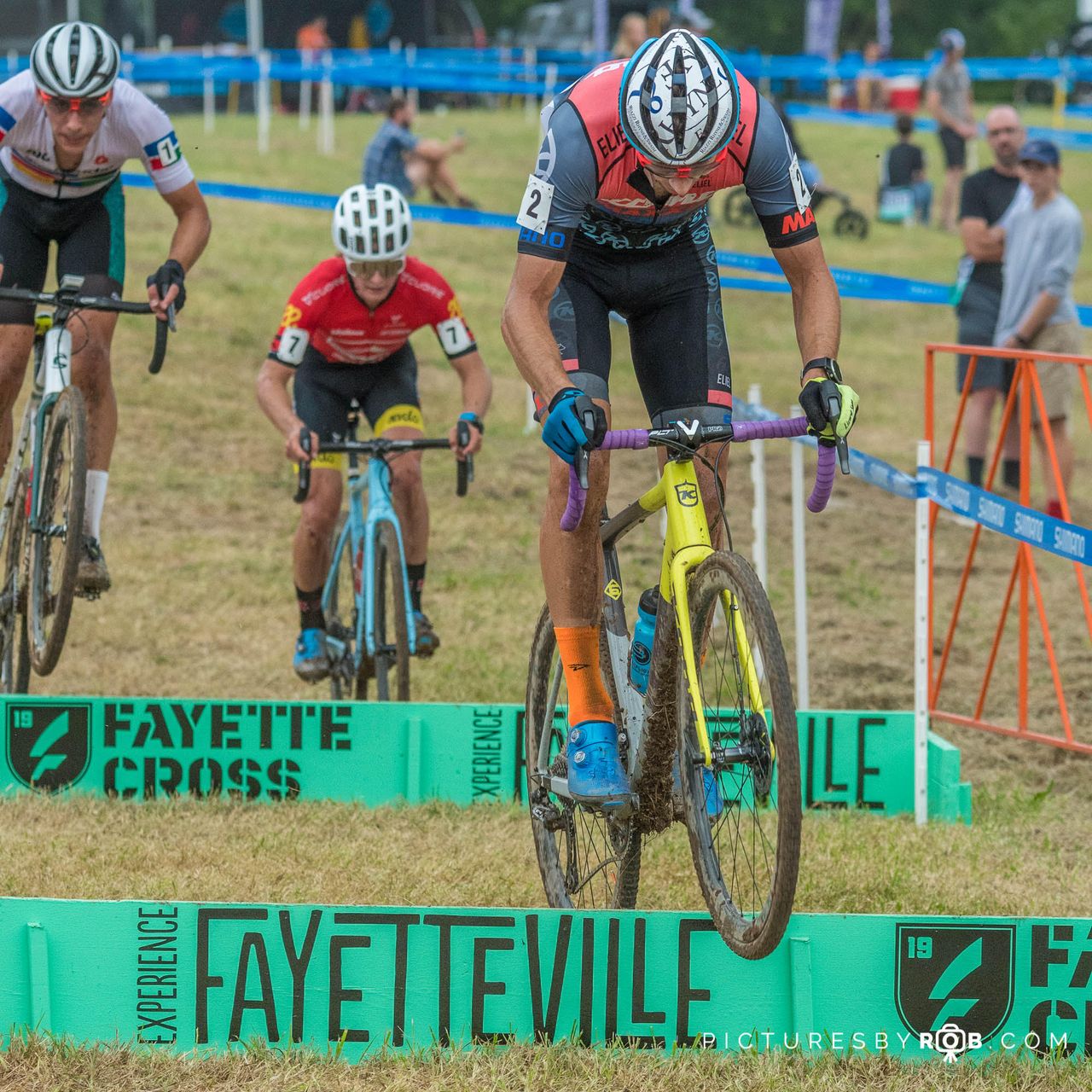 Many of the riders hopped the barriers including all three riders who finished on the podium. Kerry Werner (Kona Maxxis Shimano) leads Curtis White (Cannondale Presented by Cyclocrossworld) and Lance Haidet (Donnelly Sports)