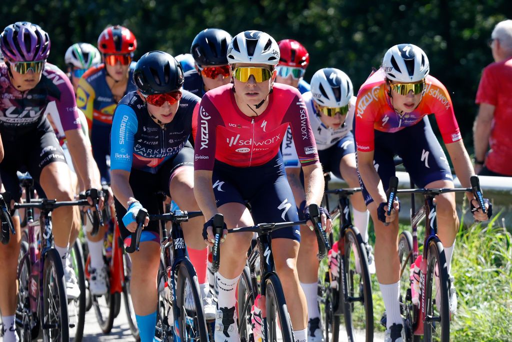 GENNEP NETHERLANDS SEPTEMBER 06 Demi Vollering of The Netherlands and Team SD Worx Pink UCI Womens WorldTour Leader Jersey competes during the 25th Simac Ladies Tour 2023 Stage 1 a 1391km stage from Gennep to Gennep UCIWWT on September 06 2023 in Gennep Netherlands Photo by Bas CzerwinskiGetty Images