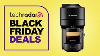 Nespresso coffee machine on yellow background with text 'TechRadar Black Friday Deals'