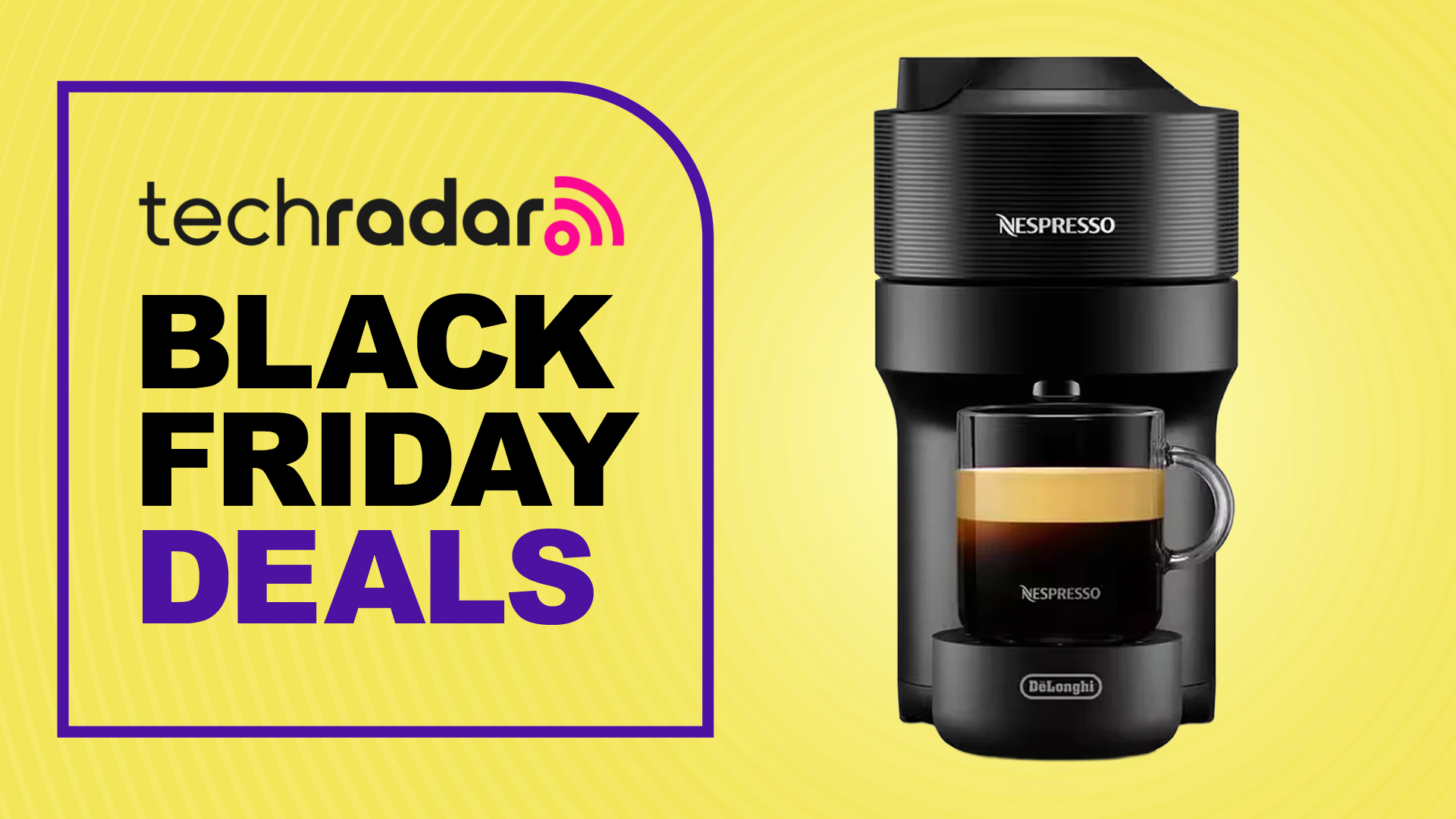 Nespresso coffee machine on yellow background with text 'TechRadar Black Friday Deals'