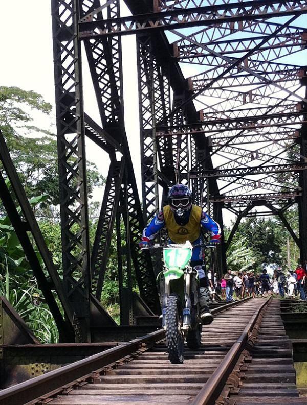 Lead moto driver Federico Escalante rode this railroad bridge