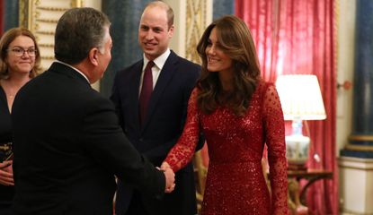 Kate Middleton wearing the ruby red Needle and Thread dress 