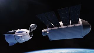 Artist's illustration of a SpaceX Dragon capsule approaching Vast Space's planned Haven-1 orbiting outpost.