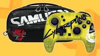 Image of the Hori Switch 2 Cyberpunk accessories on a yellow GamesRadar+ background.