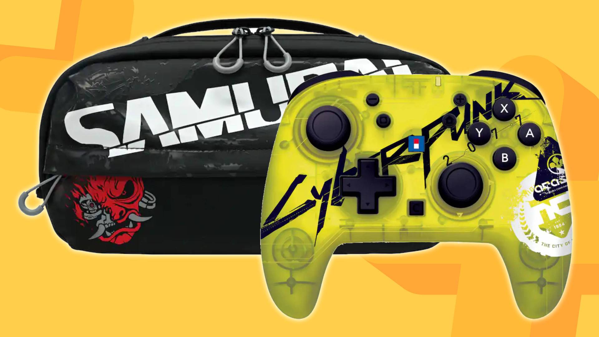 Image of the Hori Switch 2 Cyberpunk accessories on a yellow GamesRadar+ background.