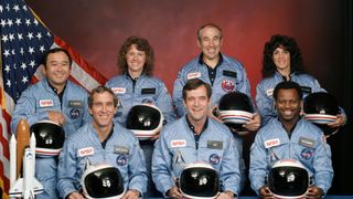 The crew of the STS-51L mission of the space shuttle Challenger, which was lost shortly after launch on Jan. 28, 1986. Left to right: Mission Specialist Ellison S. Onizuka, Pilot Michael J. Smith, Payload Specialist Christa McAuliffe, Commander Francis R. “Dick” Scobee, Payload Specialist Gregory B. Jarvis, Mission Specialist Judith A. Resnik, Mission Specialist Ronald E. McNair.