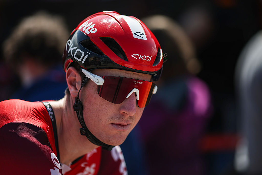 Jarrad Eriks Drizners of Lotto, number 187, participates in the 104th Volta Ciclista a Catalunya, Stage 4 from Sant Vicens de Castellet to Montserrat on March 27, 2025, in Sant Vicens de Castellet, Spain. (Photo by Gongora/NurPhoto via Getty Images)
