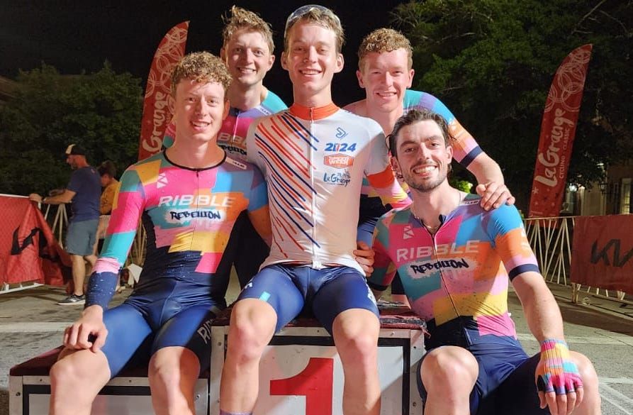 Cole Davis celebrates win at LaGrange Cycling Classic with his Ribble Rebellion teammates
