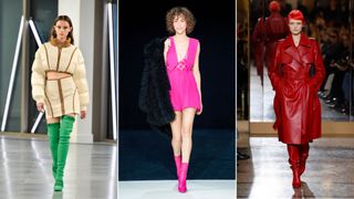 Three models on the runway showing boot trends 2023 - brightly coloured boots