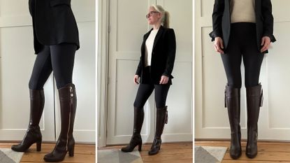 woman wearing blazer, white jumper, leggings and knee high boots