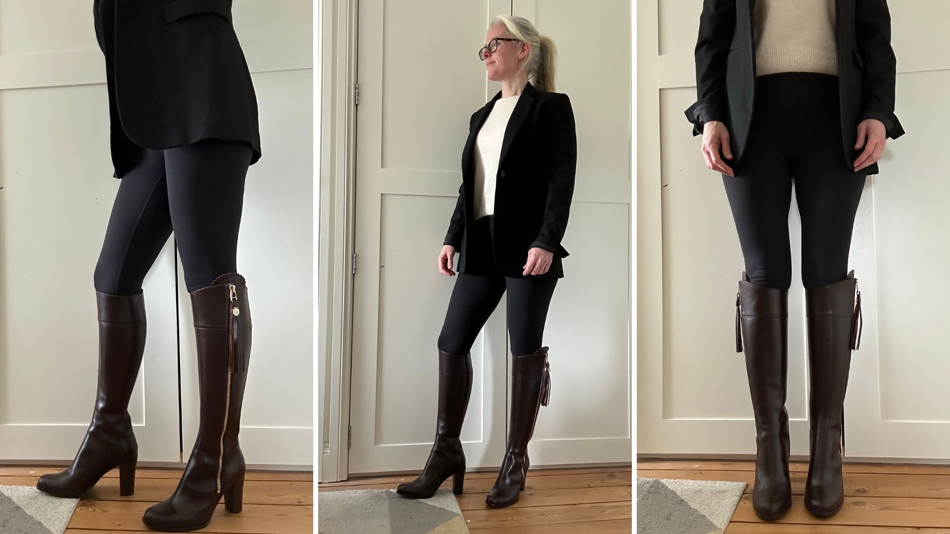 woman wearing blazer, white jumper, leggings and knee high boots 