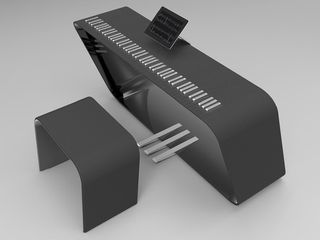 Black minimalist piano with silver keys and matching black stool