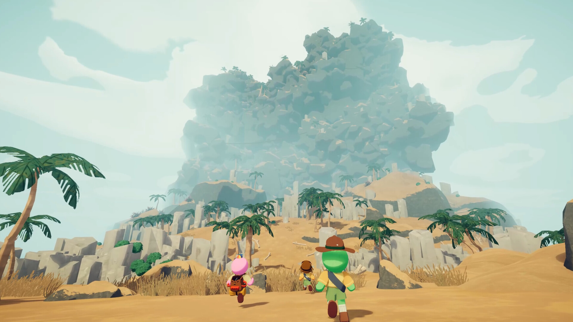 A group of 3 players in Peak head towards a steep mountain covered in trees