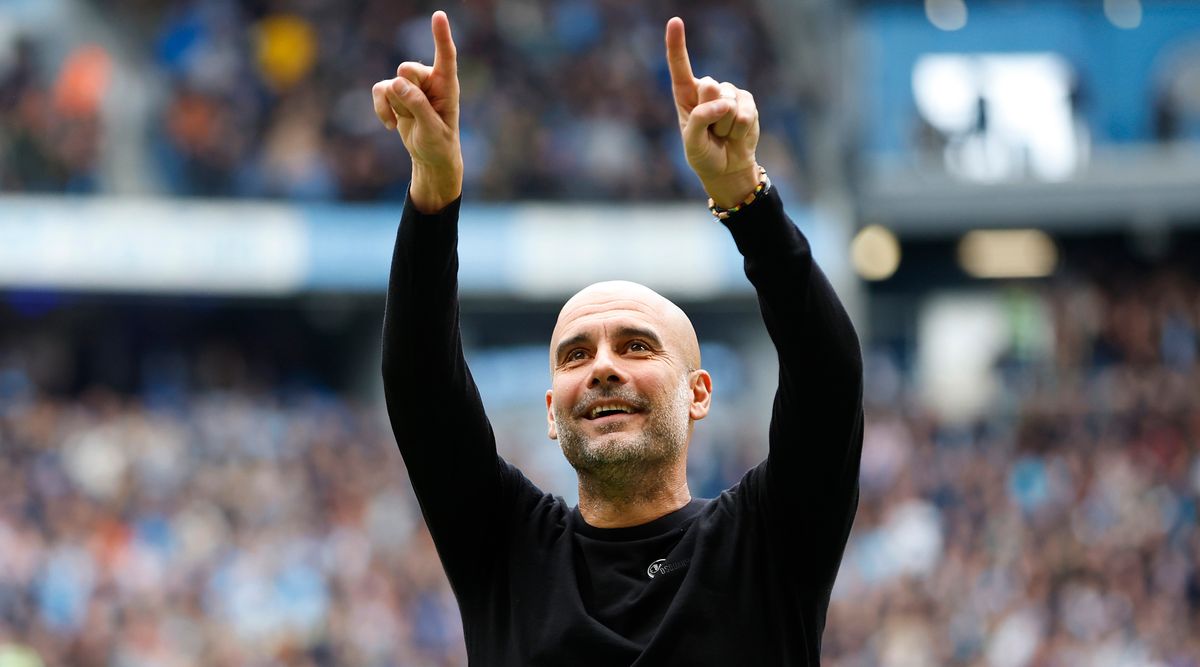 Manchester City manager Pep Guardiola celebrates his team&#039;s first goal during the Premier League match between Manchester City and Southampton on 8 October, 2022 at the Etihad Stadium, Manchester, United Kingdom