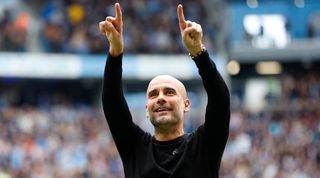 Manchester City manager Pep Guardiola celebrates his team's first goal during the Premier League match between Manchester City and Southampton on 8 October, 2022 at the Etihad Stadium, Manchester, United Kingdom