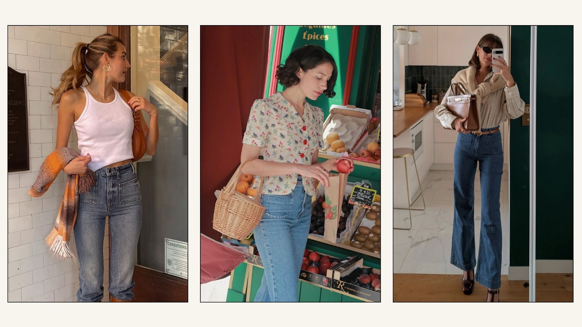 Collage of influencer wearing patch pocket jeans.