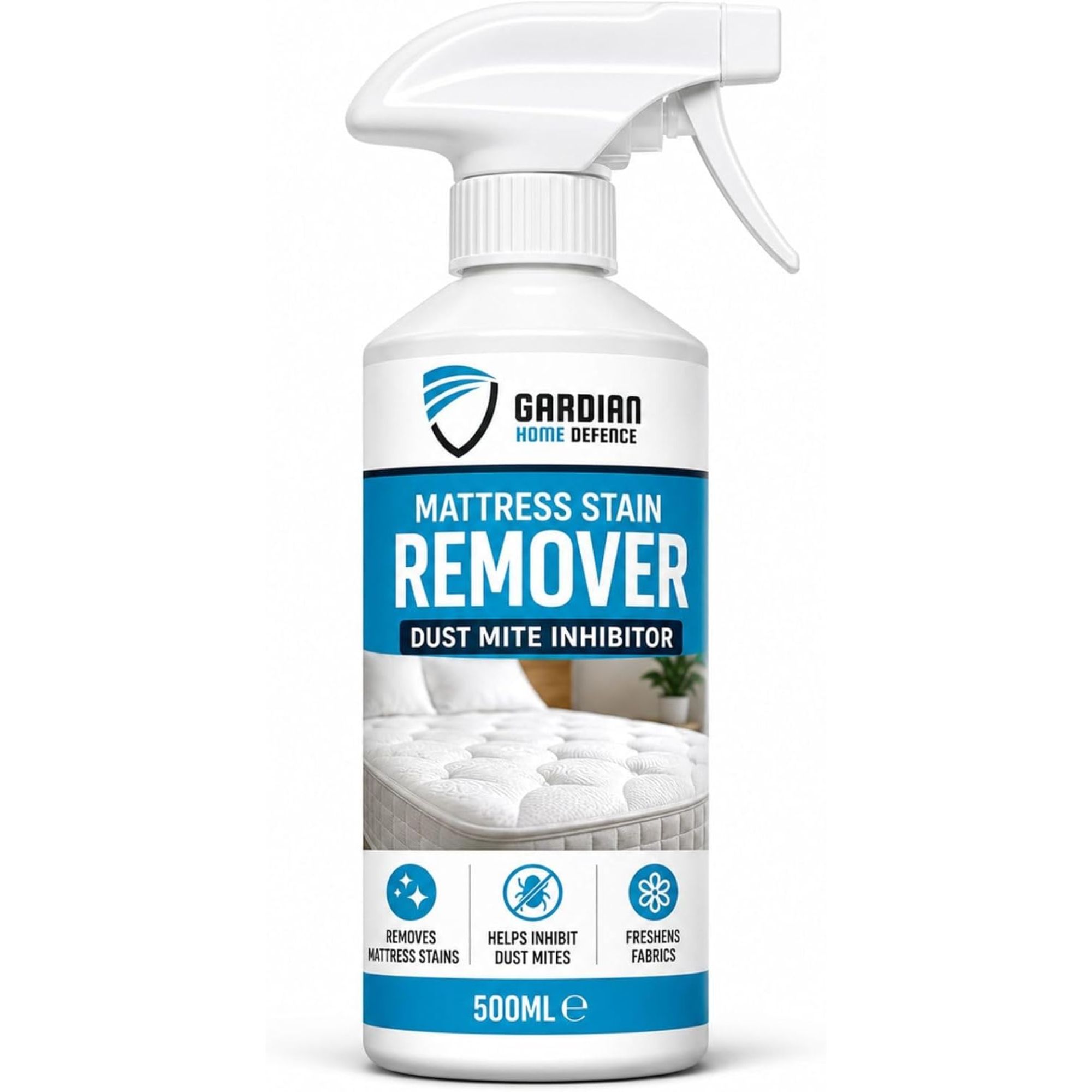 Mattress stain remover in a white bottle with blue label