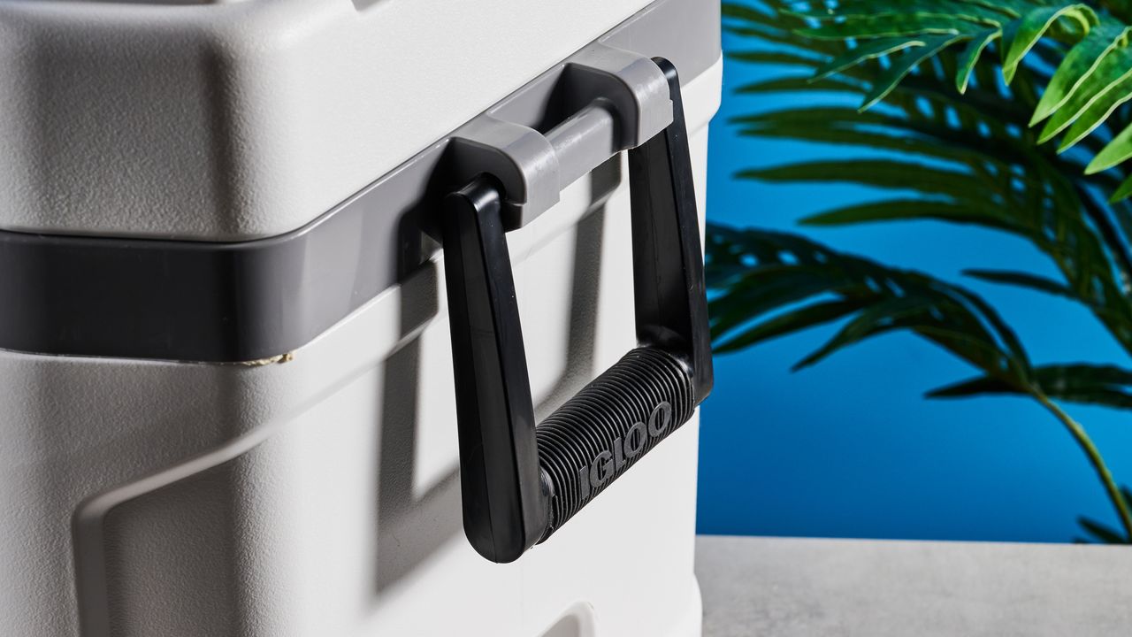 the igloo marine ultra 54 cooler in white with a latch, handles, a big igloo logo on the front and with a fish ruler and drink holders