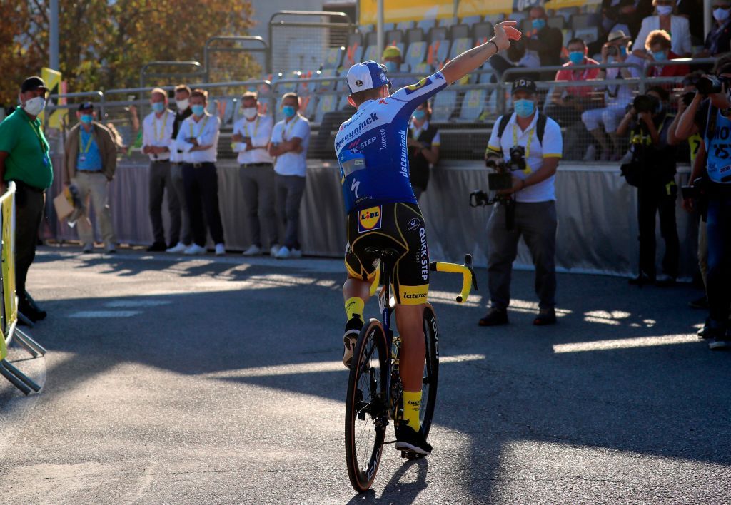 Team Deceuninck rider Frances Julian Alaphilippe leaves the podium area after losing his yellow jersey due to a penalty after the 5th stage of the 107th edition of the Tour de France cycling race 185 km between Gap and Privas on September 2 2020 Photo by Christophe Petit Tesson various sources AFP Photo by CHRISTOPHE PETIT TESSONAFP via Getty Images