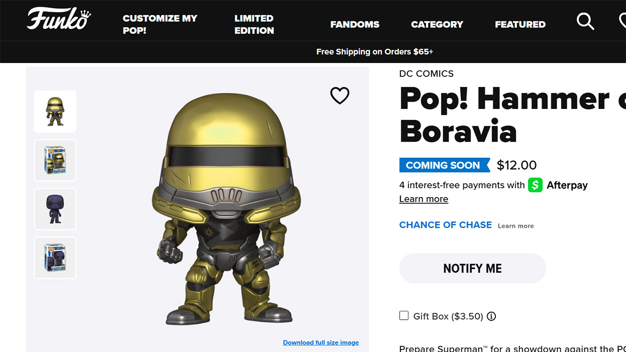A screenshot of Superman's Hammer of Boravia vinyl figure on the Funko Pop website
