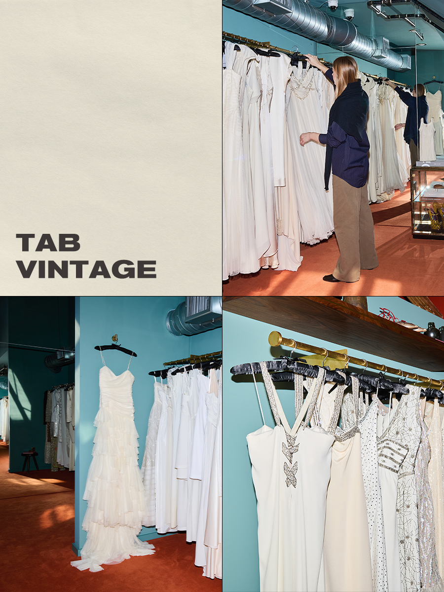 Various white vintage wedding dresses.