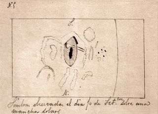 As a teenager, Juan Valderrama y Aguilar drew this tadpole-shaped white solar flare he saw on Sept. 10, 1886, with the outer part (penumbra) of the sunspot shown with hashed lines and the umbra, or central region, shown in black. 