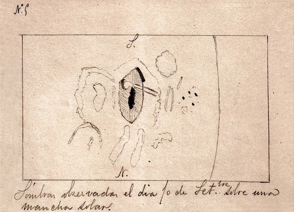 As a teenager, Juan Valderrama y Aguilar drew this tadpole-shaped white solar flare he saw on Sept. 10, 1886, with the outer part (penumbra) of the sunspot shown with hashed lines and the umbra, or central region, shown in black. 