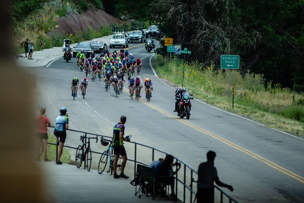 Riders try to get off the front of the bunch on stage 3 of the Colorado Classic on August 24, 2019 in Golden, Colorado.