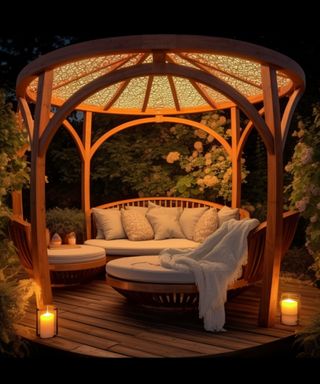 A covered garden sleep spot at ight with warm white lighting and two round day beds