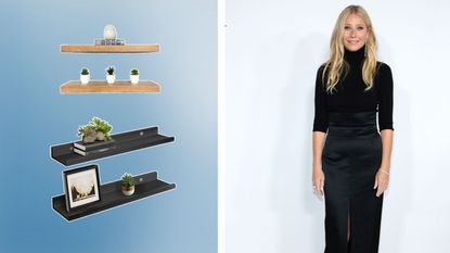 Gwyneth Paltrow in a black fancy outfit next to pictures of shelves on a blue gradient