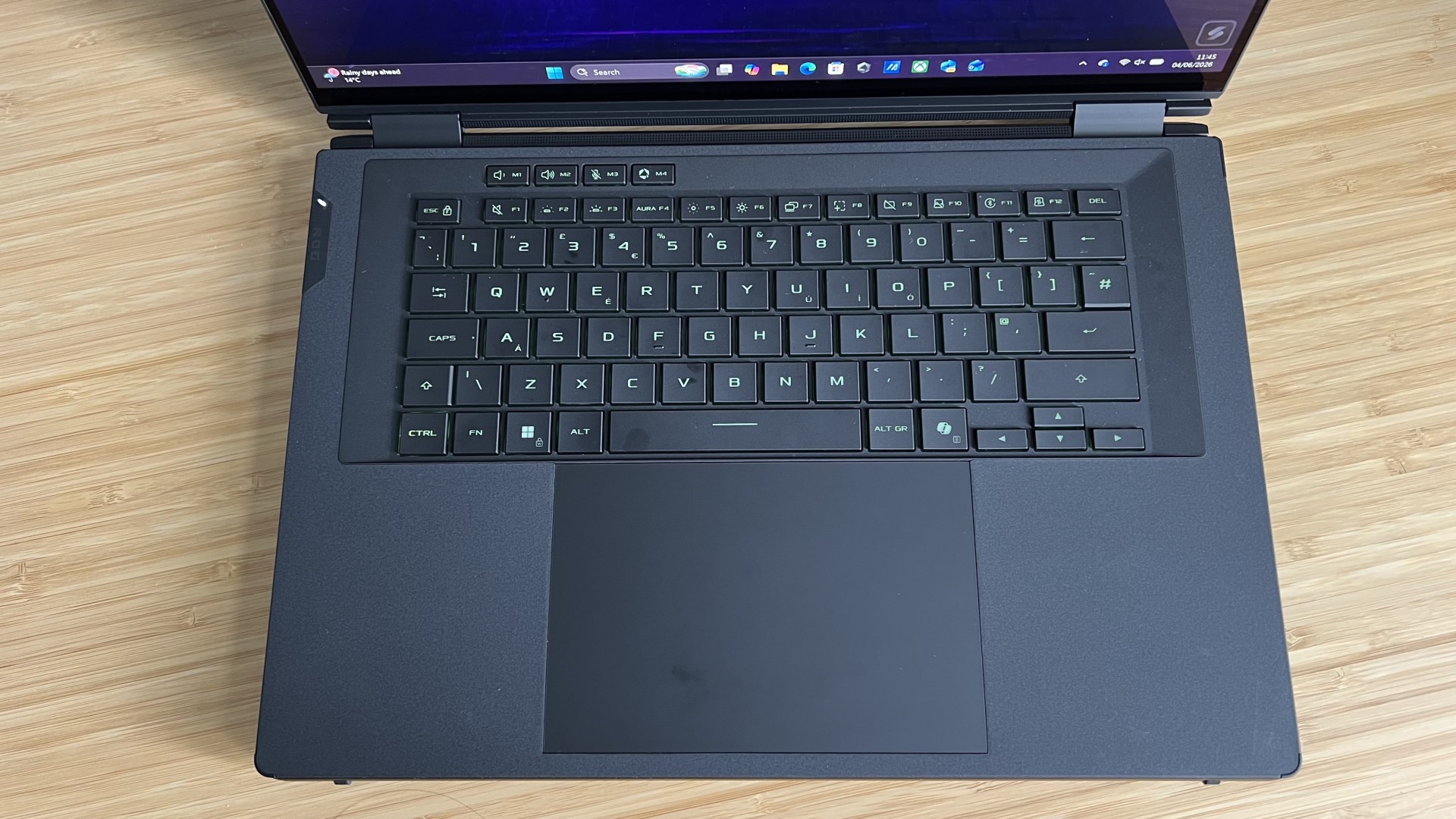 Close up on removable keyboard on the Asus ROG Zephyrus Duo while attached to the laptop