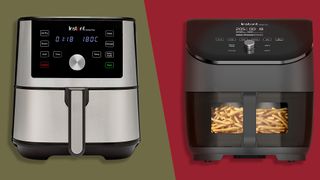 The Instant Vortex Plus air fryer on a khaki background and the Instant Vortex Plus 6-in-1 air fryer with ClearCook and OdourEase on a red background