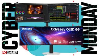 Two 49-inch gaming monitors on a colorful Cyber Monday background