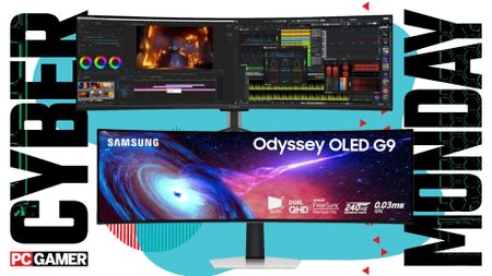 Two 49-inch gaming monitors on a colorful Cyber Monday background