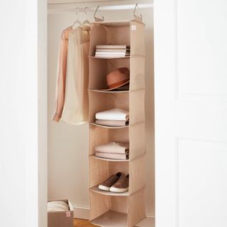 Canvas hanger sweater organizer in neutral, relaxed closet