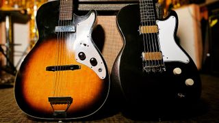 Faherty’s 1954 Harmony Stratotone Newport (left), is his main guitar in GA20 when he isn’t playing slide. It’s joined here by a new Harmony Silhouette and ’68 Fender Twin Reverb