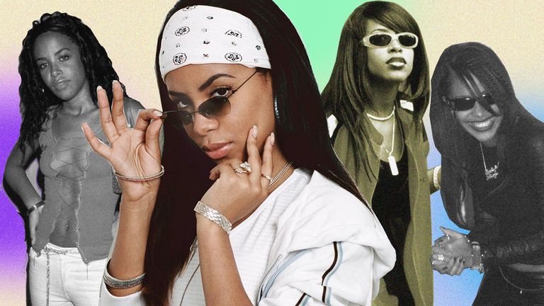 A collage of images depicting Aaliyah styles from cropped tops with white jeans, to signature slicked hair, sunglasses, banana, baggy clothing