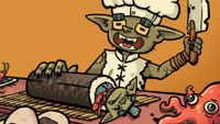 A goblin in a chef hat prepares sushi made of another, smaller goblin