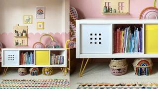 Bright toy storage with yellow hairpin legs in a colourful playroom