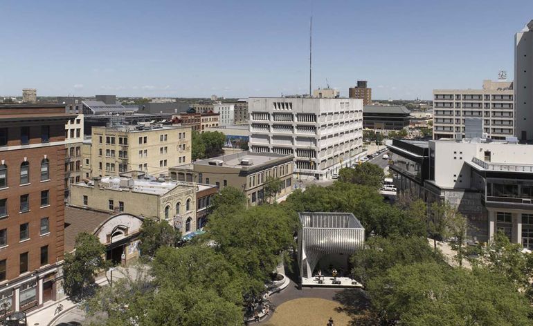 The old Market Square Stage in the middle of the Exchange District in Winnipeg, Canada