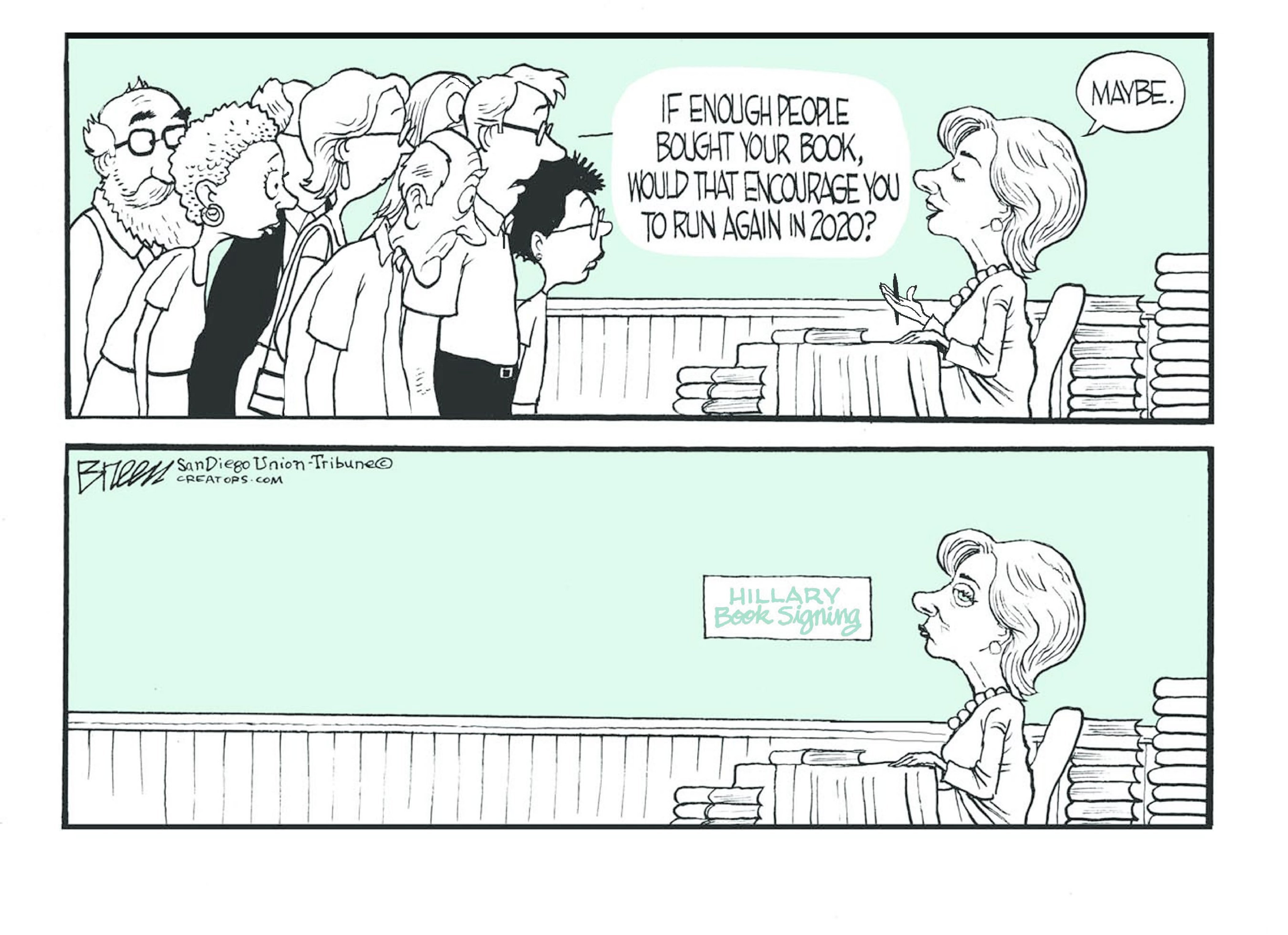 Political cartoon U.S. 2020 election Clinton book signing