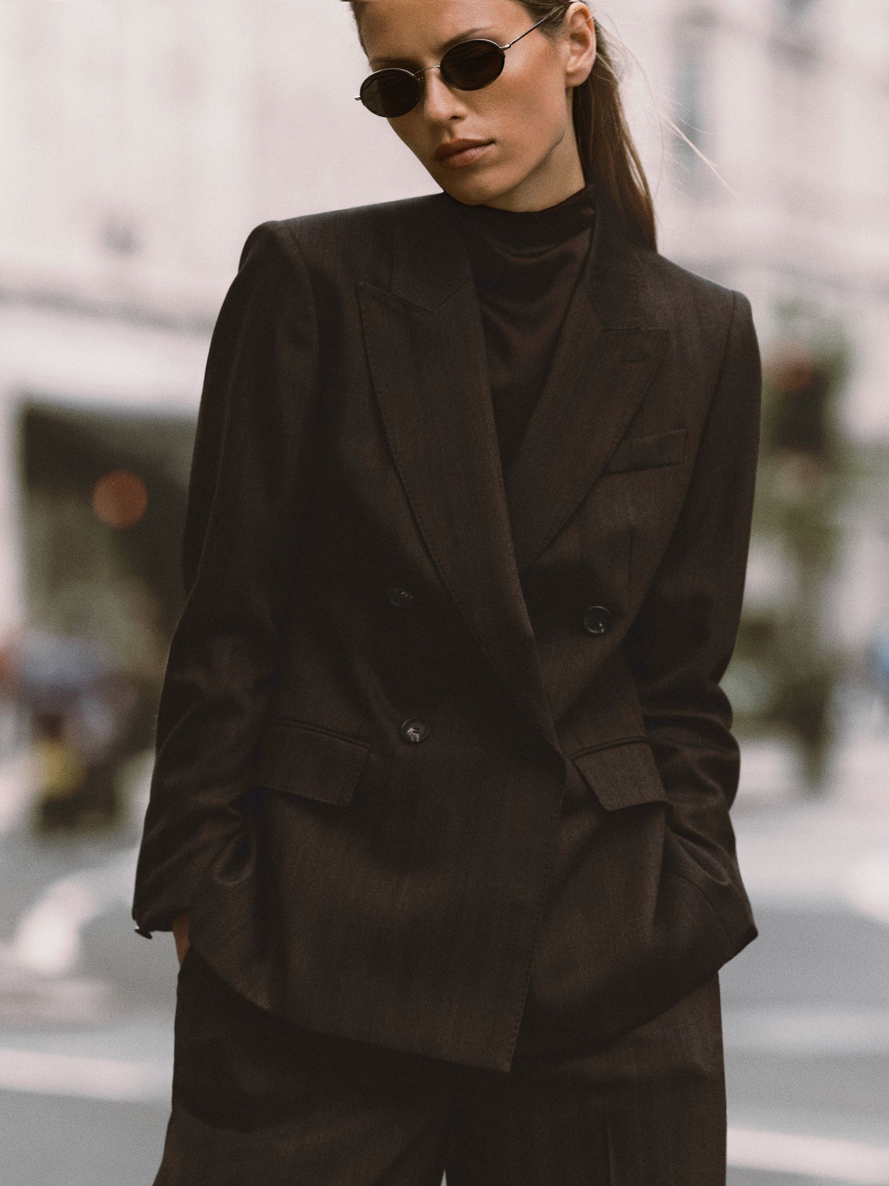 Wool-Blend Herringbone Double-Breasted Blazer in Chocolate Brown - Size 4