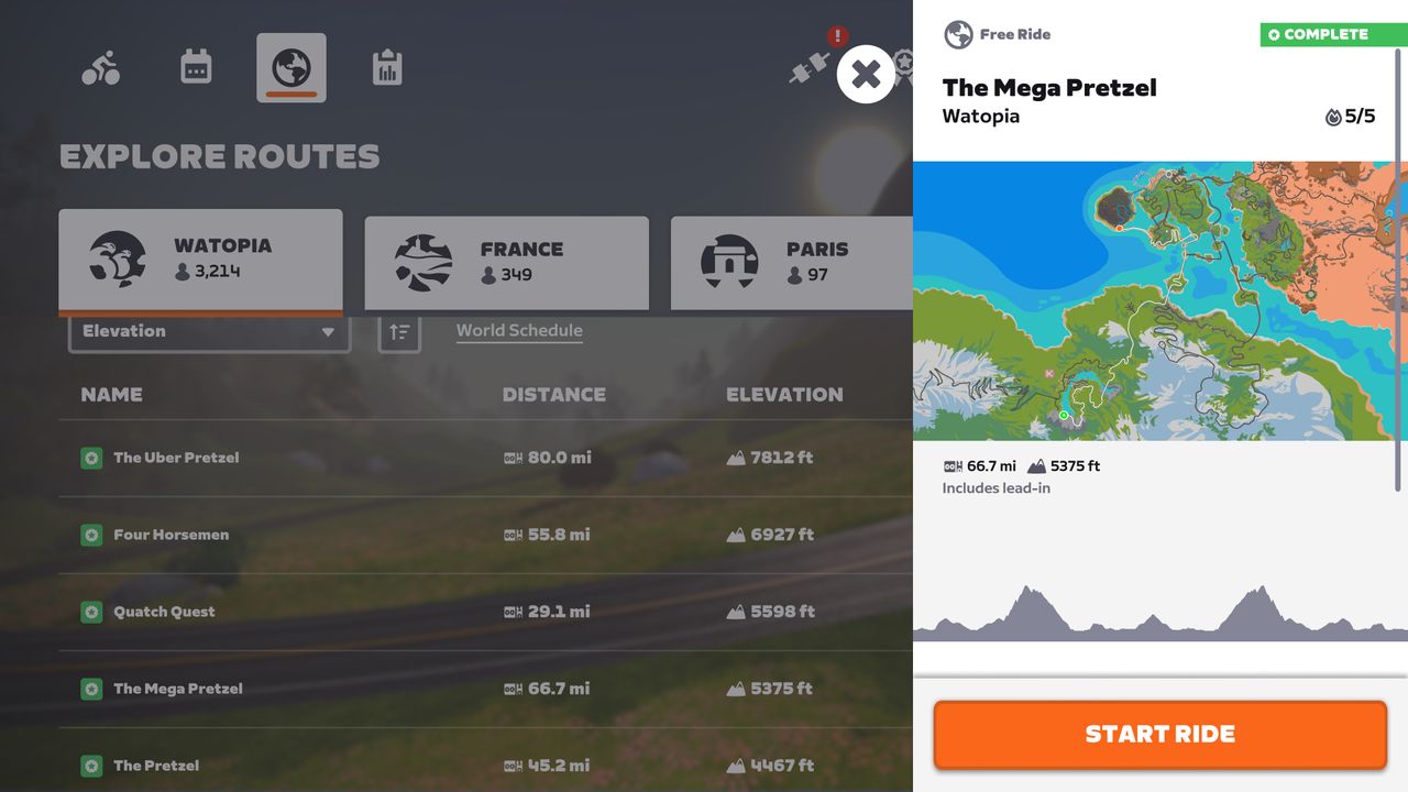 Zwift route details for the mega pretzel