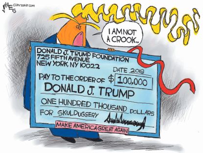 Political cartoon U.S. Trump Foundation money check Nixon crook